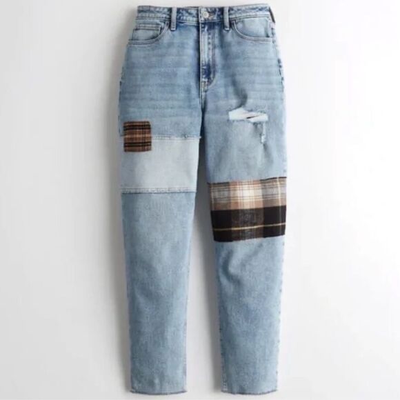 Hollister Ultra High Rise Acid Wash Ripped Patch Mom Jean Vintage Stretch - Picture 3 of 12